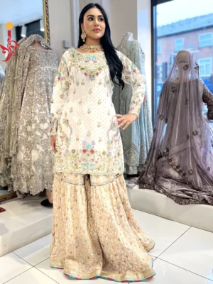 White Gharara with Multi Color Embroidery