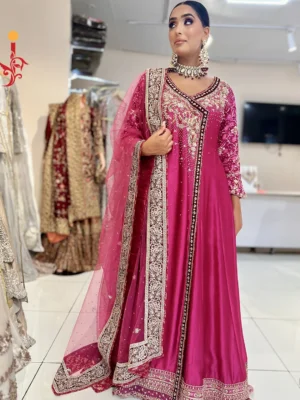 Hot Pink Tassel Silk Partywear Angarkha