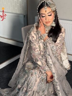 Grey Fawn Embellished Bridal Maxi with Organza Jaal Dupatta