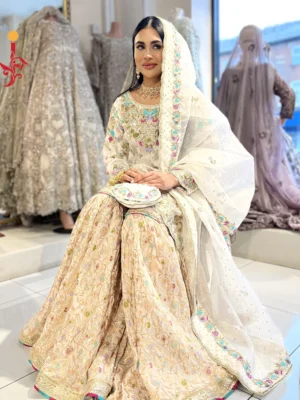 White Gharara with Multi Color Embroidery
