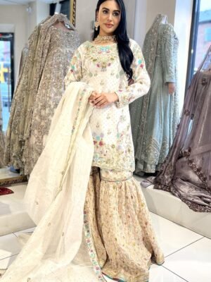 White Gharara with Multi Color Embroidery