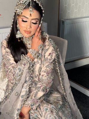 Grey Fawn Embellished Bridal Maxi with Organza Jaal Dupatta