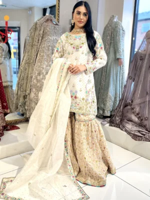 White Gharara with Multi Color Embroidery